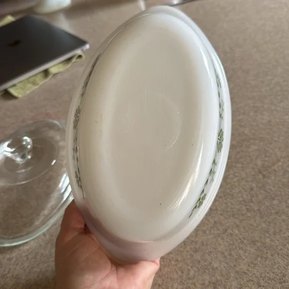 Vintage Glasbake 1 Qt. Oval Covered Casserole/Vegetable Dish w/Green Daisies Lid - Picture 7 of 10